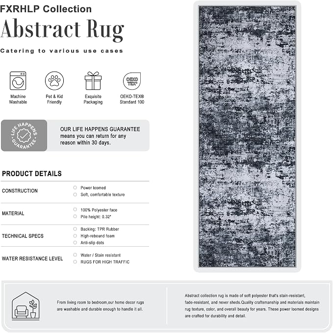 3x14 Washable Runner Rug：Modern Abstract Kitchen Carpet Black | - Image 2