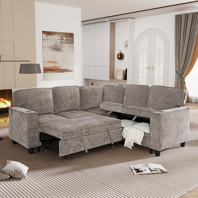 L-Shaped Sectional Couch with Storage and Pull Out Bed, Convertible Sofa Bed - Image 4