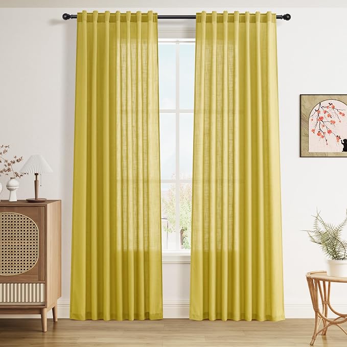 Celery Yellow Linen Curtains 84 Inch Length 2 Panels Set by Nanspring