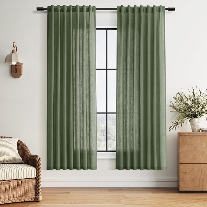 Forest Green Linen Curtains for Living Room 72 Inches Long Light Filtering Semi by Nanspring