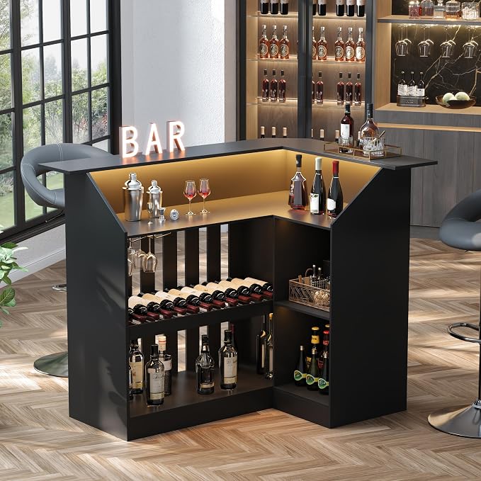L Shaped Bar Table with LED Light, 4-Tier Corner Wine Bar Cabinet with Stemware - Image 3