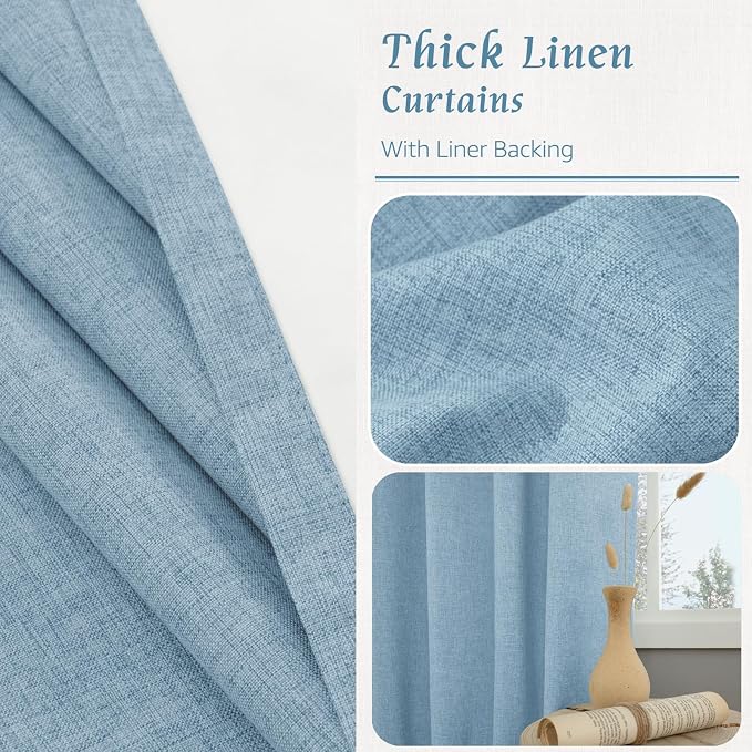 45 Inch Stone Blue 100% Blackout Linen Window Curtains - Image 8