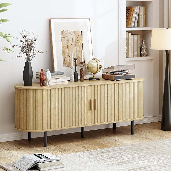 55" TV Stand with Power Outlet, Modern Media Console with Sliding Doors - Image 4
