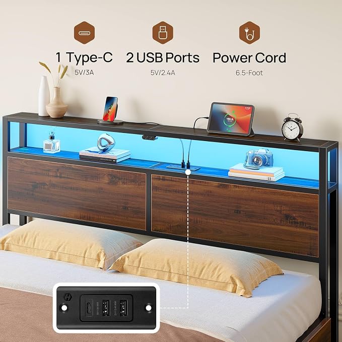 Rolanstar Queen Bed Frame with 4 Storage Drawers, Charging Station and LED - Image 7