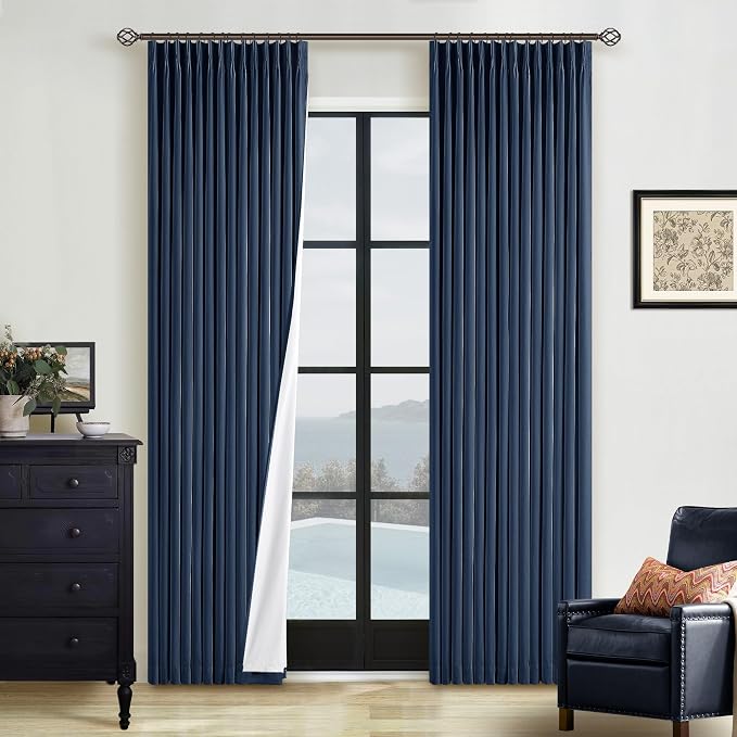 Navy Pinch Pleated 100% Blackout Linen Curtains by Twodrapes