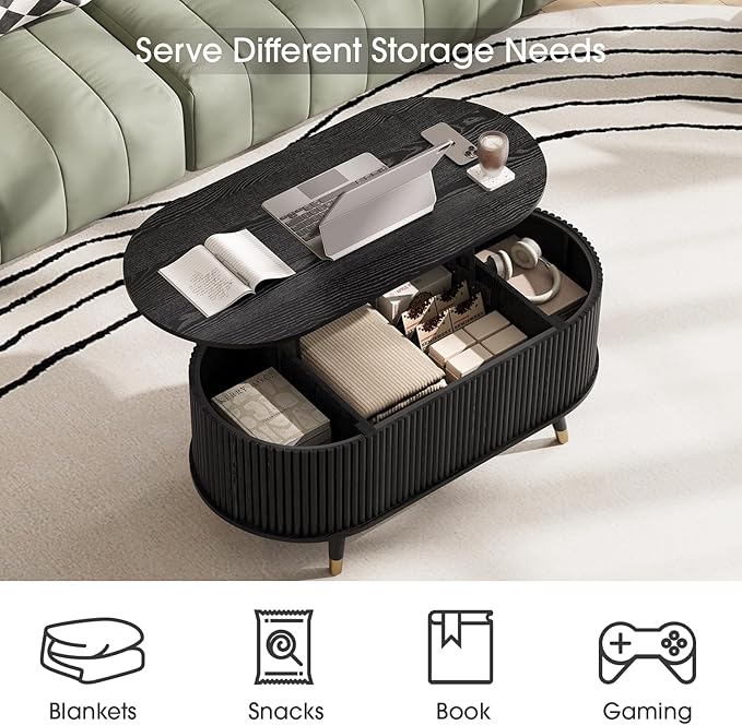 SULIVES Oval Coffee Table with Storage, Small Fluted Center Table - Image 3