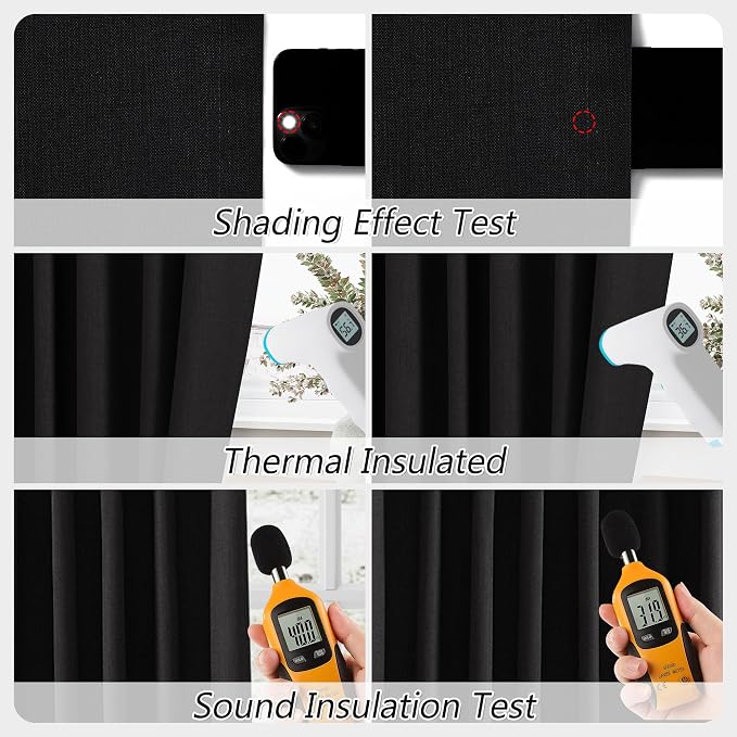 Black 100% Blackout Linen Curtains 102 Inch Length 2 Panels Set - Image 5