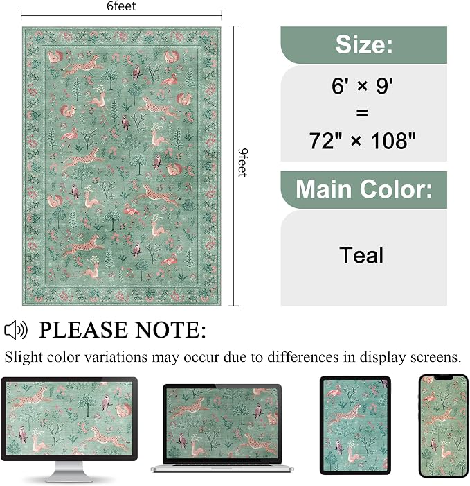 DUKINO 6x9 Area Rug, Washable Animal Living Room Rug Non Slip, Teal | Soft - Image 2