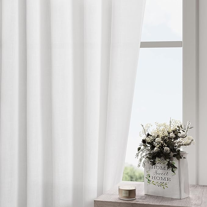 White Short Linen Curtains 40 Inch Length 2 Panels Back Tab Rod Pocket Semi - Image 2