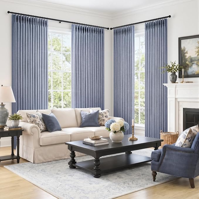 Extra Long 108 Inch Dusty Blue Pleated Linen Light Filtering Sheer Curtains - Image 5