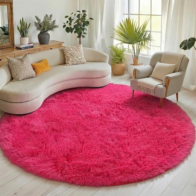 Hot Pink Round Rugs 5ft for Bedroom Living Room, Fluffy Circle Area Rug for - Image 4