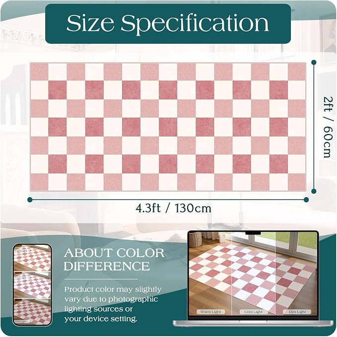 Front Door Mat Indoor Entrance, 2x4.3 Cute Pink White Checkered Rug | Non-Slip - Image 6