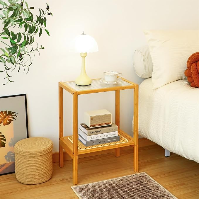 2-Tier Bamboo Side Table, Modern Glasstop Rattan Side Table, Mid Century Wood - Image 7