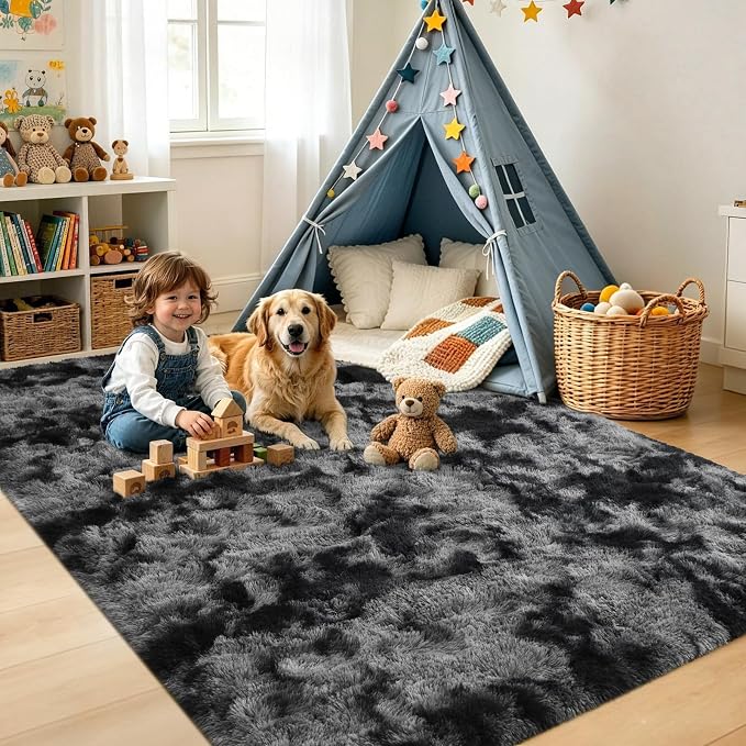 4x6 Tie-Dyed Dark Grey Fluffy Area Rug Non-Slip - Image 4