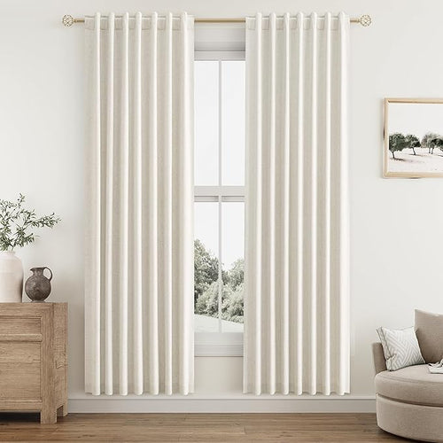 100% Blackout Linen Curtains for Bedroom 80 Inches Long Natural Cream Black Out by Guken