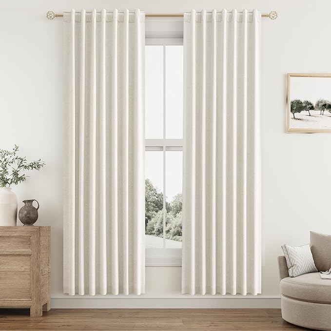 100% Blackout Linen Curtains for Bedroom 78 Inches Long Natural Cream Black Out by Guken