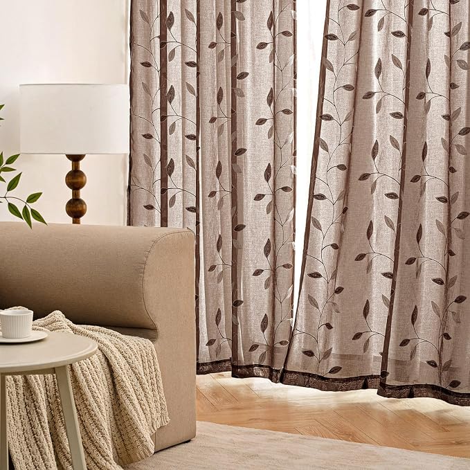 MIULEE Chocolate Brown Sheer Curtains 2 Panels Leaf Patterned, W52 x L84 | - Image 3