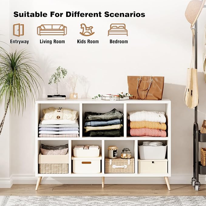 7-Cube Storage Organizer with Natural Wood Legs, Mid-Century Modern Bookcase - Image 6