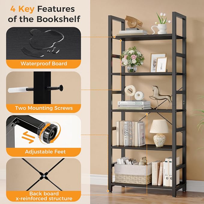 DUMOS 5-Tier Bookshelf, Modern Tall Bookcase, Open Storage Display Shelf - Image 8