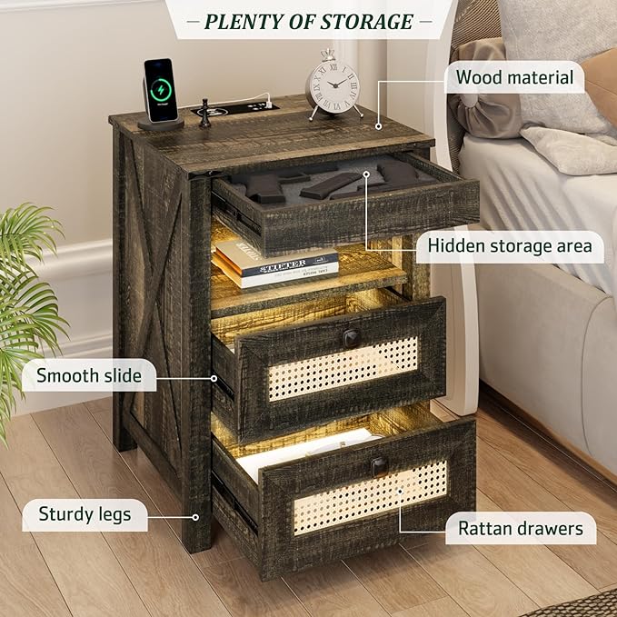 Night Stand with Gun Drawer, Bedside Table with Charger Station & LED Human - Image 6