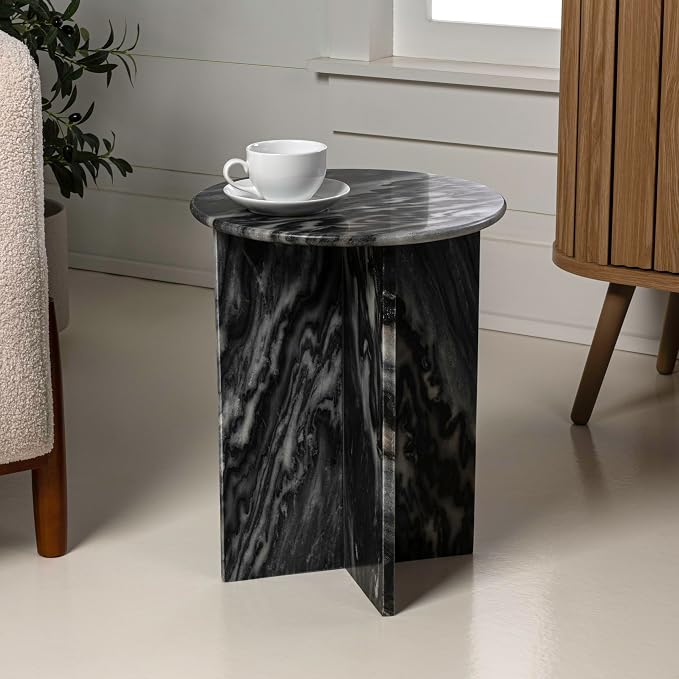 JONATHAN Y Javier Solid Black/Gray Marble End Table, 17.75" Round Modern Accent by JONATHANY