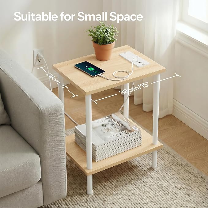 HOOBRO Side Table with Charging Station, Nightstand with 2-Layer Storage Shelves - Image 6