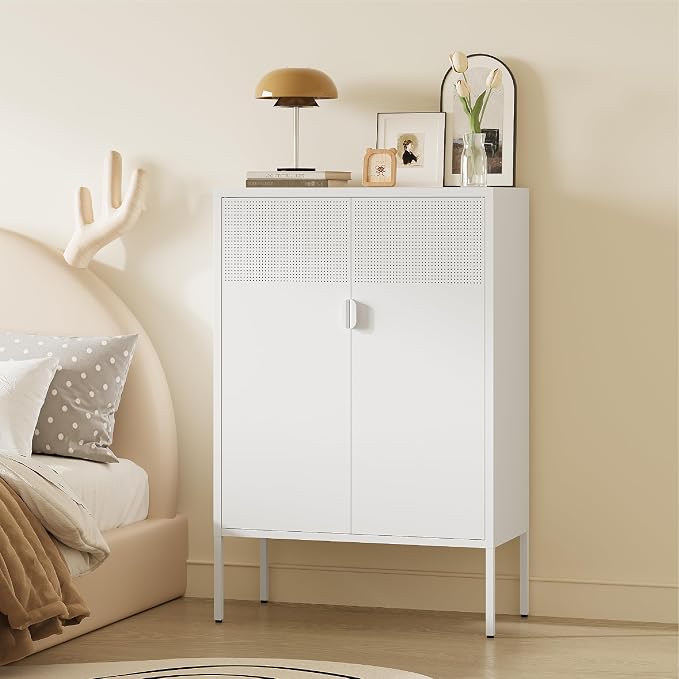 Metal Storage Cabinet, 2 Door TV Stand, Metal Mesh Accent Cabinet, Magnetic - Image 5