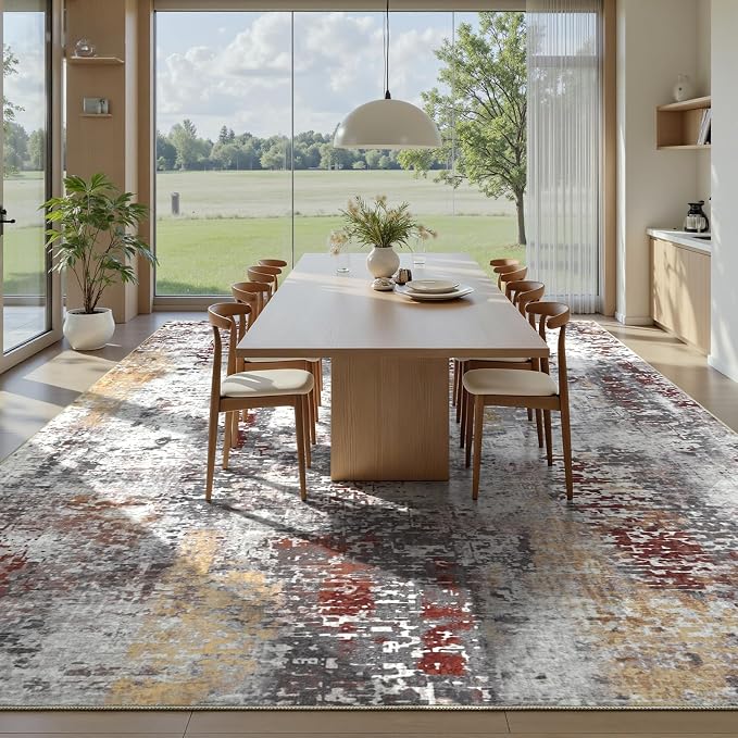 Living Room Rug 7x10 Beige Area Rugs Machine Washable Abstract Boho Large Rug - Image 3