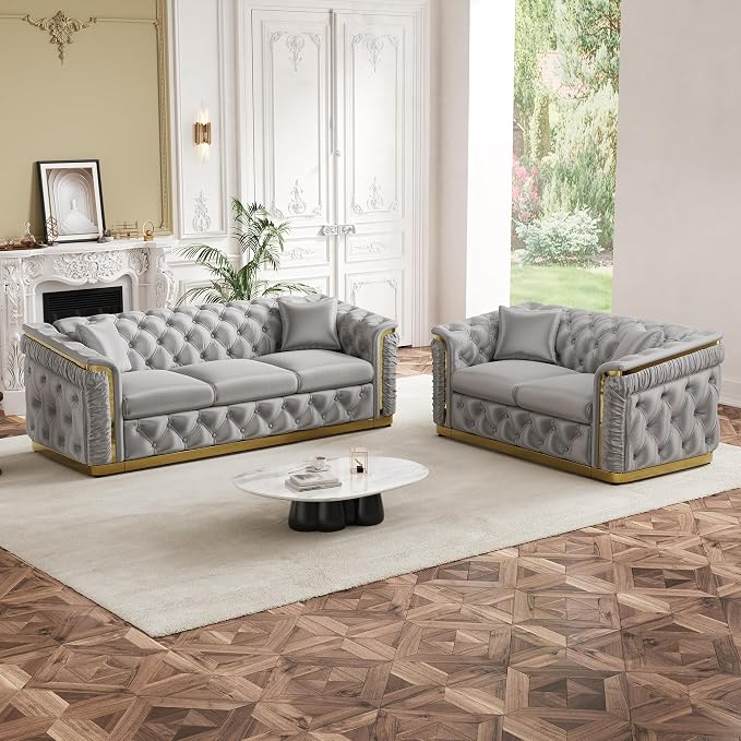 2 Piece Velvet Chesterfield Sofa Luxury Tufted Sofa Black and Gold Couch Set - Image 3