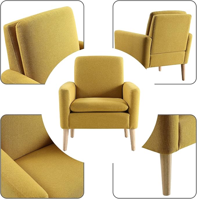 Mid-Century Modern Accent Chair, Linen Fabric Upholstered Comfy Reading Leisure - Image 4