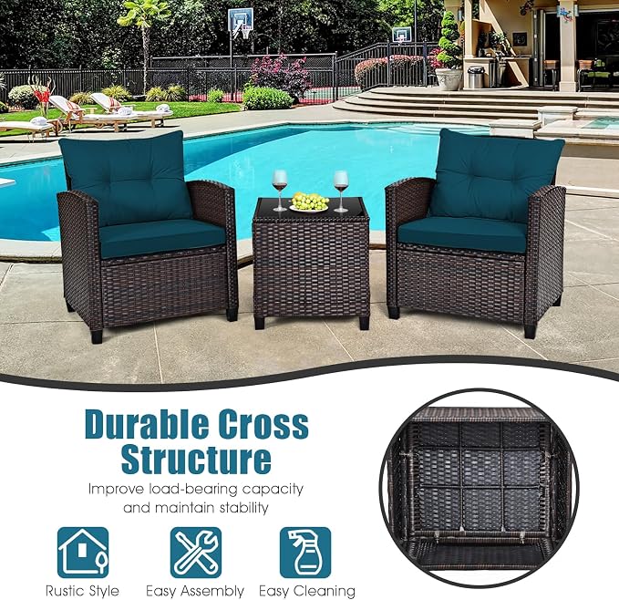 HAPPYGRILL 3 Pieces Patio Conversation Set, Outdoor Furniture Set PE Rattan - Image 7