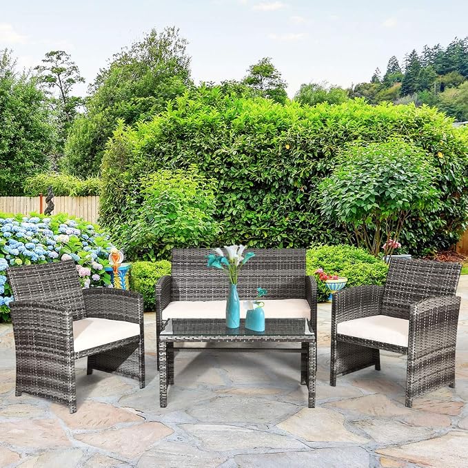 Tangkula 4 PCS Wicker Patio Conversation Set, Outdoor Rattan Sofas - Image 3