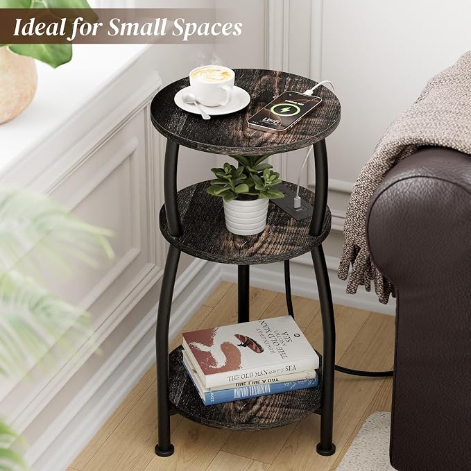 Round Side Table with Power Outlet & USB Ports, 3-Tier End Table with Storage - Image 4
