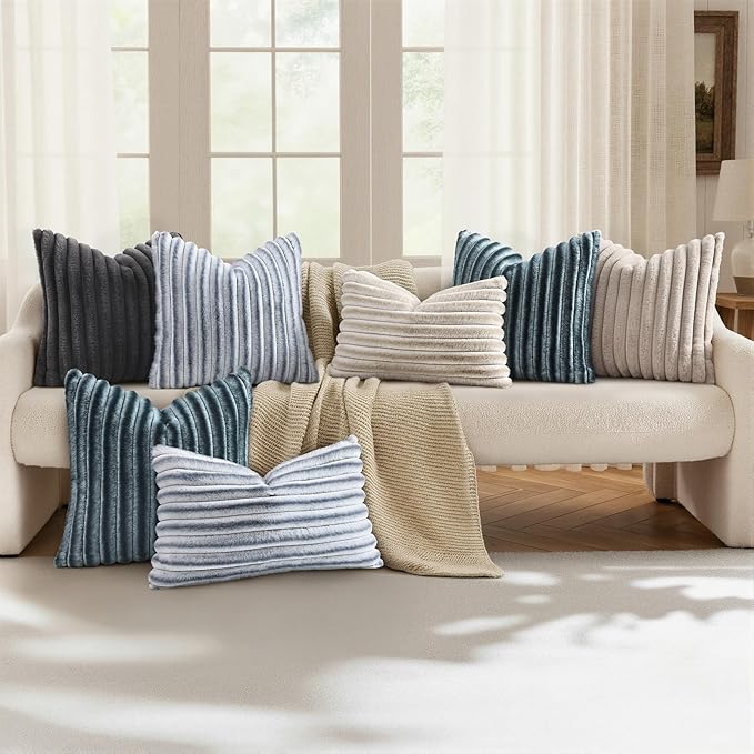 decorUhome Fall Faux Fur Throw Pillow Covers 26x26 Set of 2 Grey White | - Image 5