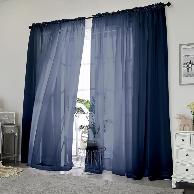 Chyhomenyc Navy Blue Sheer Curtains 84 Inches Long 2 Panels | Light Filtering - Image 2