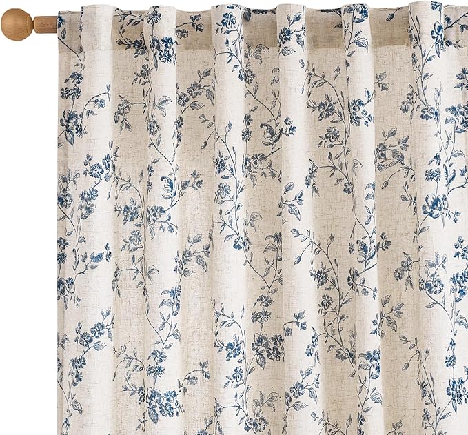 Blue Vintage Floral Linen Curtains Farmhouse 50W X 90L 2 Panels | Elisa Series by Lazzzy