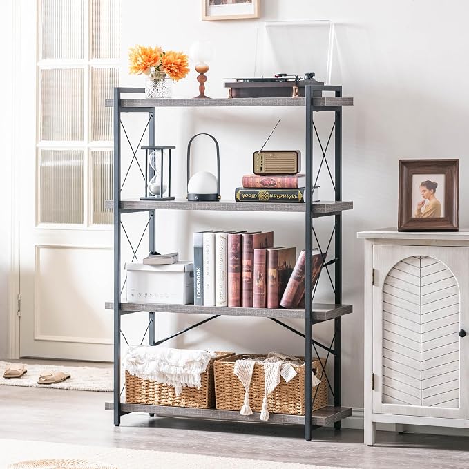 HCHQHS Bookshelf, 4-Tier Industrial Bookcase, Rustic Open Book Shelf, - Image 2