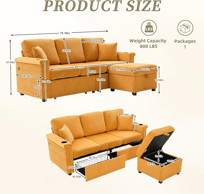 L-Shaped Sectional Sofa with Storage & Movable Ottoman, Corduroy 3 Seater - Image 2