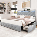 LARMACE King Size Bed Frame Velvet Upholstered LED Tufted King Platform Bed and by LARMACE