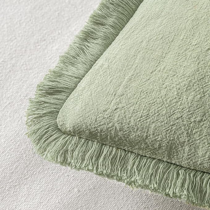 MIULEE Boho Linen Fringe Decorative Throw Pillow Covers Sage Green 18x18 | Set - Image 3
