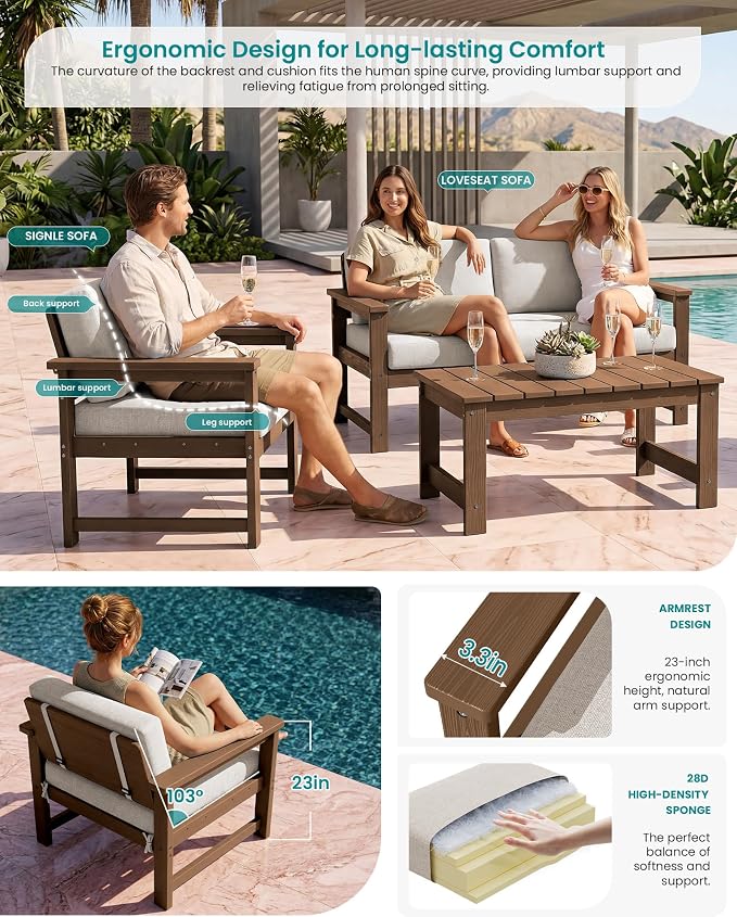 SERWALL 2 Pieces Single Cushioned Lounge Chair, HDPE Outdoor Adirondack Sofa - Image 2