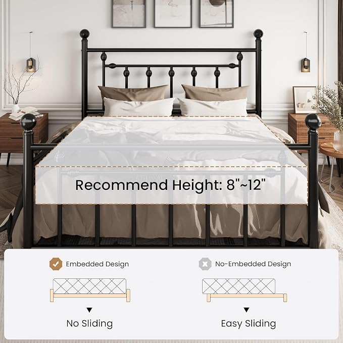 SHA CERLIN 14" Queen Size Metal Platform Bed Frame/Victorian Headboard and - Image 7