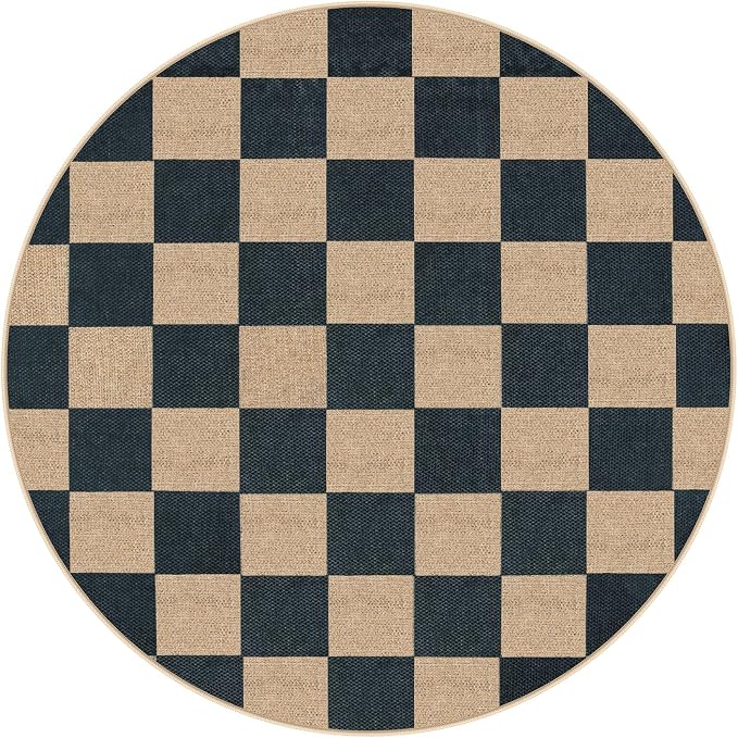 Lahome Checkered Easy Jute 4ft Round Outdoor Rug, Washable Small Rugs Black | - Image 7