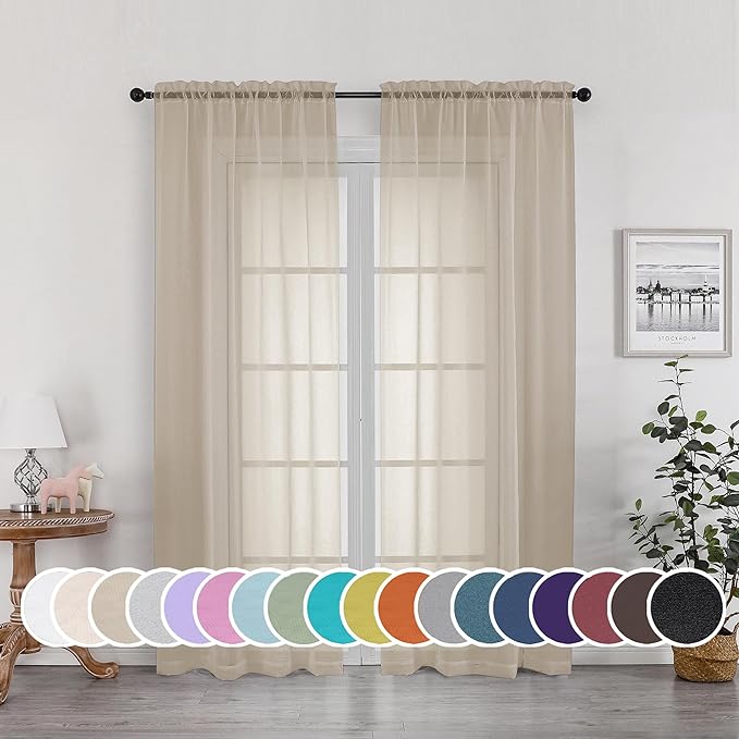 Sheer Curtains 72 Inches Long for Bedroom Living Room, Rod Pocket Fimly Solid by OWENIE