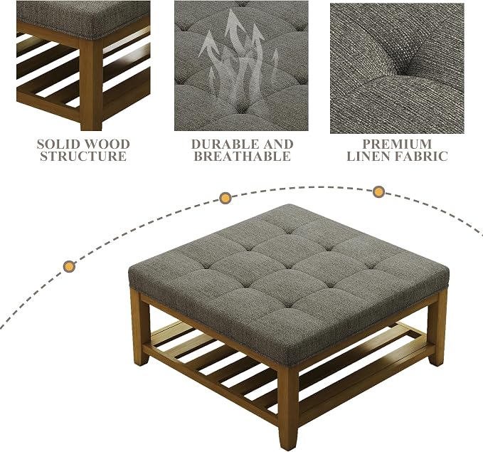 Befurtori Large Square Ottoman Coffee Table, Linen Solid Upholstered Footrest - Image 5