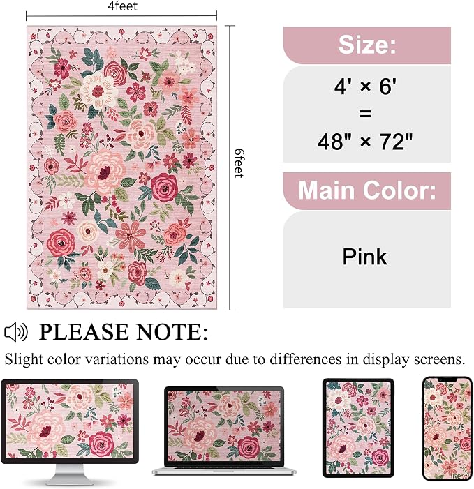 DUKINO 4x6 Area Rug, Floral Washable Rug Non Slip Office Chair Mat, Stain - Image 2