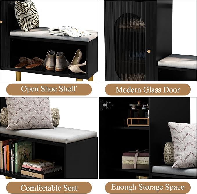 HLR Storage Bench with Glass Door&Shelf, Modern Entryway Shoe Cabinet Bench - Image 7