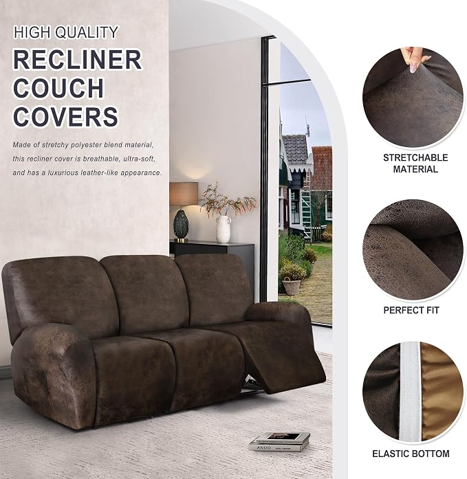 ANARACHON Leather Look Recliner Couch Cover, 8-Pieces Stretch Recliner Sofa - Image 5