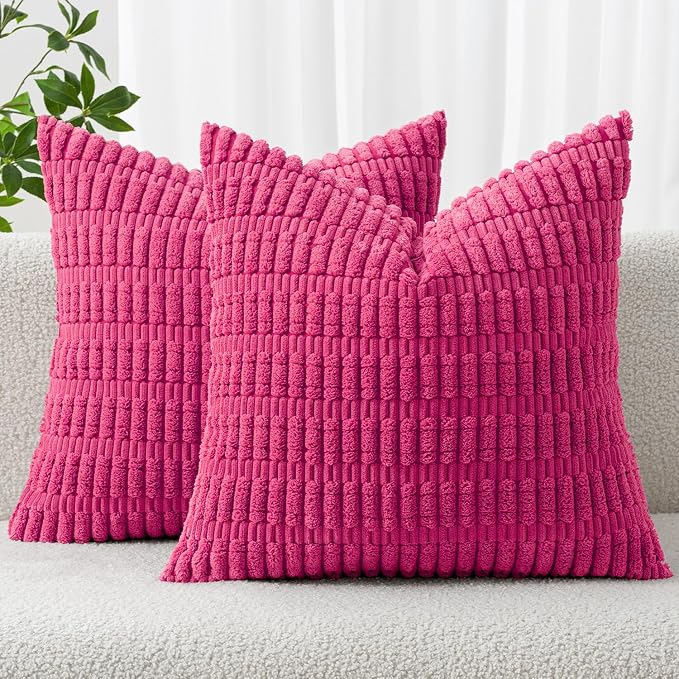 MIULEE Corduroy Decorative Throw Pillow Covers 18x18 Hot Pink Pack of 2 | Soft by MIULEE