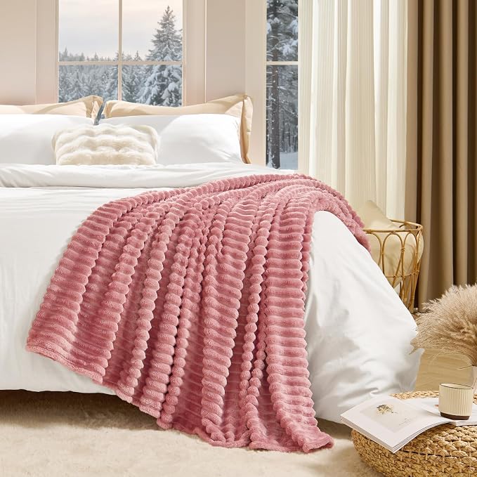 BEDELITE 3D Ribbed Jacquard Pink Fleece Throw Blanket - Image 9